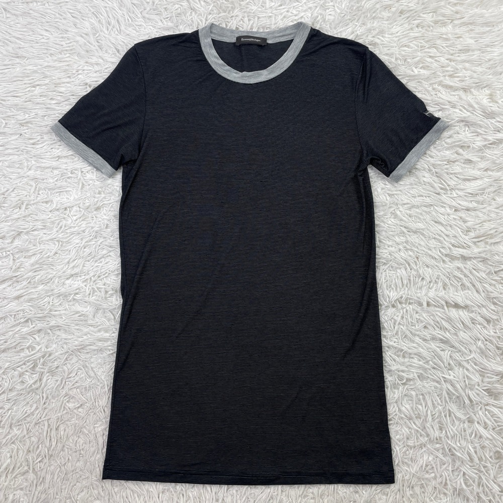 Ermenegildo Zegna Shirt Mens XS Black Striped Slim Stretch Micro Modal Jersey‎ T